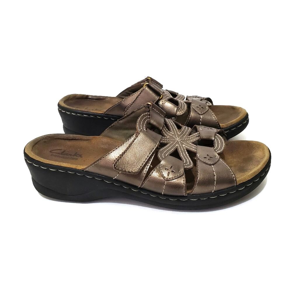 Clarks | Bendables Pewter Metallic Slip On Leather Wedge Sandals 9.5W